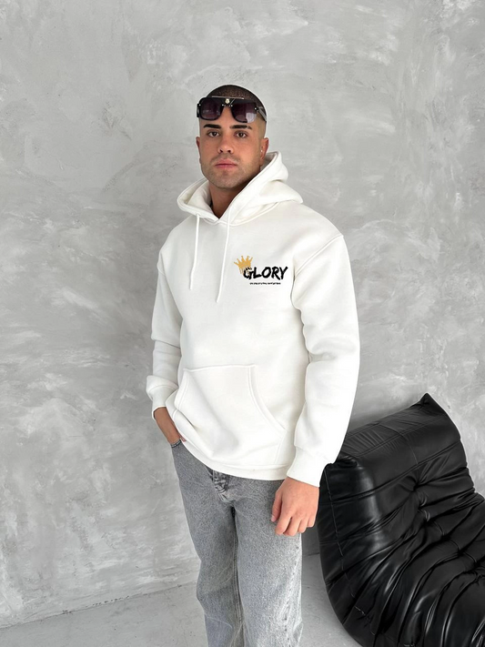 Erkek Kışlık Üç İplik Pamuklu Kapüşonlu SweatShirt - Beyaz