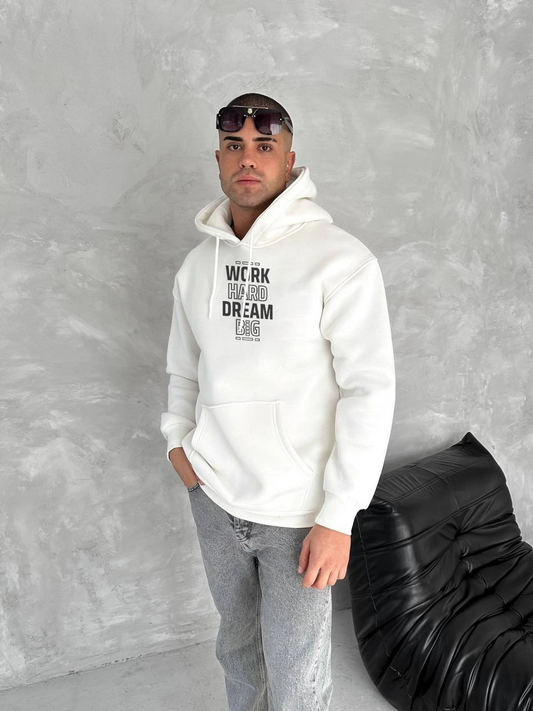 Erkek Kışlık Üç İplik Pamuklu Kapüşonlu SweatShirt - Beyaz