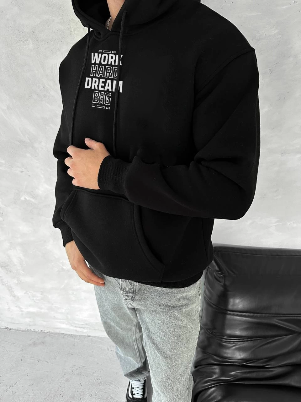 Erkek Kışlık Üç İplik Pamuklu Kapüşonlu SweatShirt - Siyah
