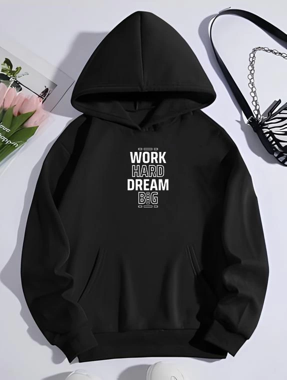 Kadın Kışlık Üç İplik Pamuklu Kapüşonlu SweatShirt - Siyah