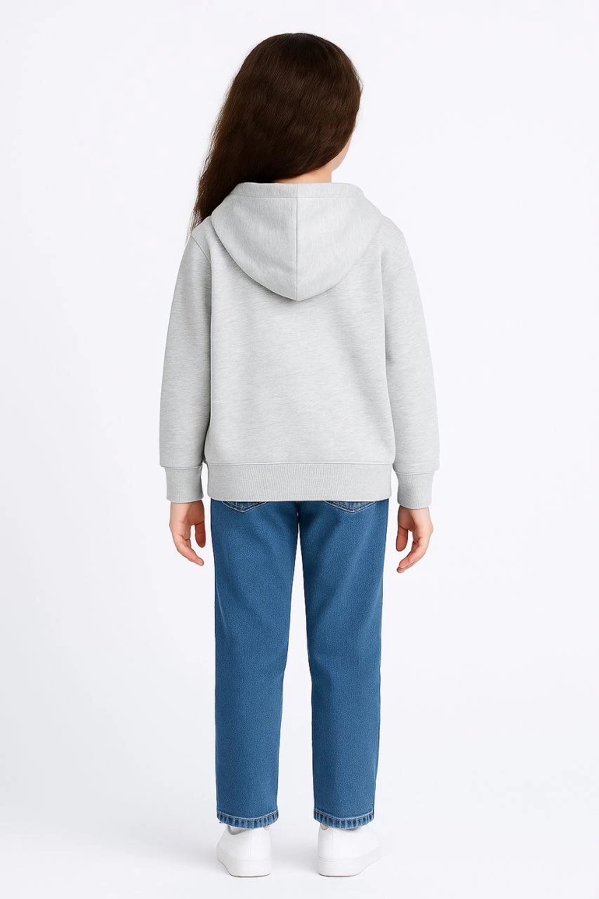 Kız Çocuk Kapüşonlu Kanguru Çepli Tam Fermuarlı Hırka SweatShirt - Gri
