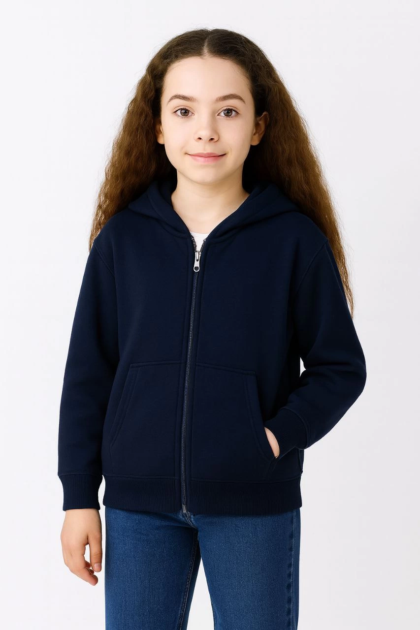 Kız Çocuk Kapüşonlu Kanguru Çepli Tam Fermuarlı Hırka SweatShirt - Lacivert