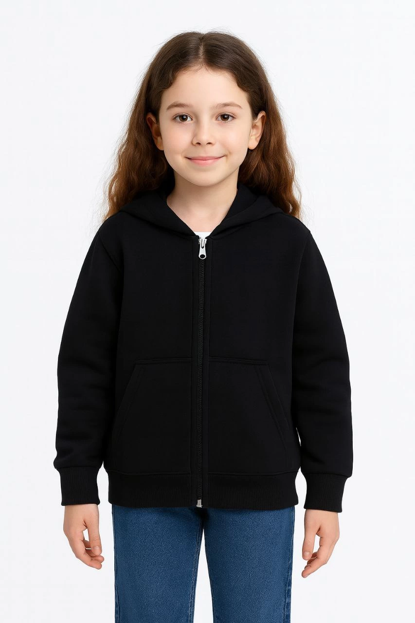 Kız Çocuk Kapüşonlu Kanguru Cepli Tam Fermuarlı Hırka Sweatshirt - Siyah