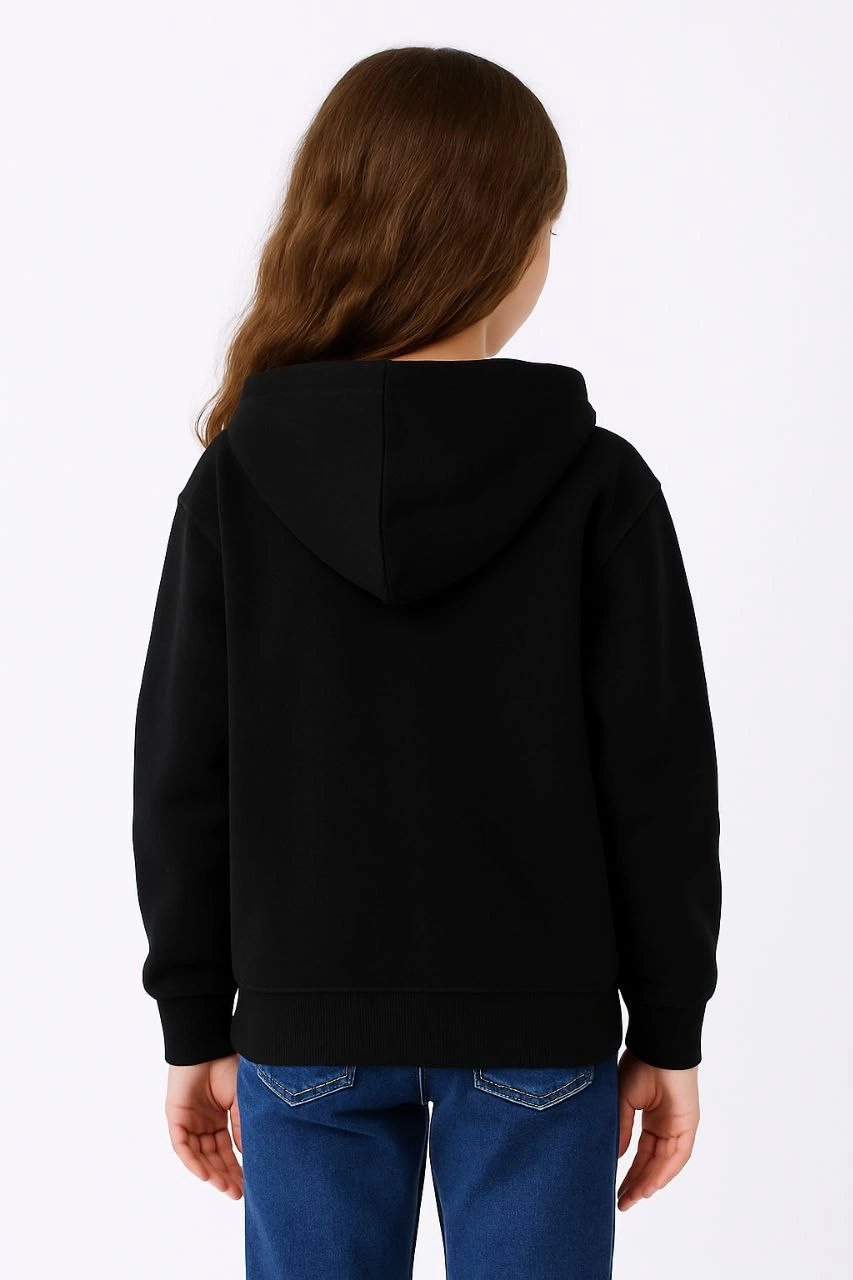 Kız Çocuk Kapüşonlu Kanguru Cepli Tam Fermuarlı Hırka Sweatshirt - Siyah