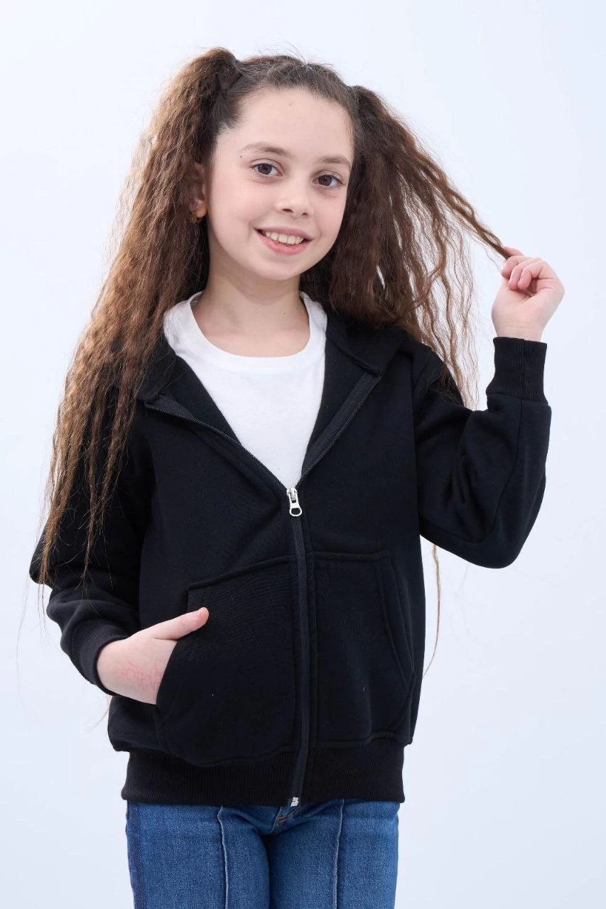 Kız Çocuk Kapüşonlu Kanguru Cepli Tam Fermuarlı Hırka Sweatshirt - Siyah