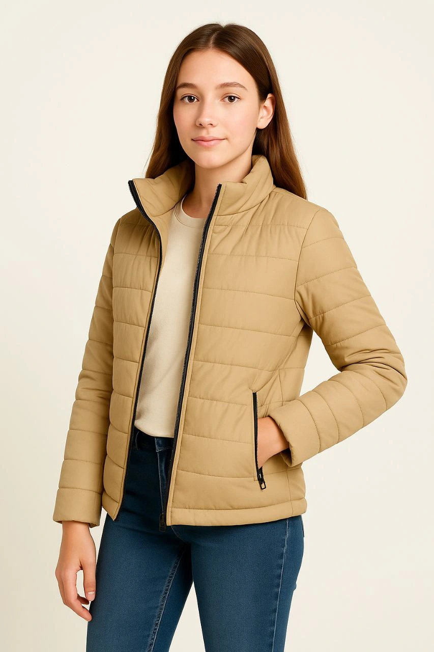 Kız Çocuk Şişme Mont Hafif ve Sıcak Tutucu Fermuarlı Su İtici Mont Kapüşonuz Modern - Bej