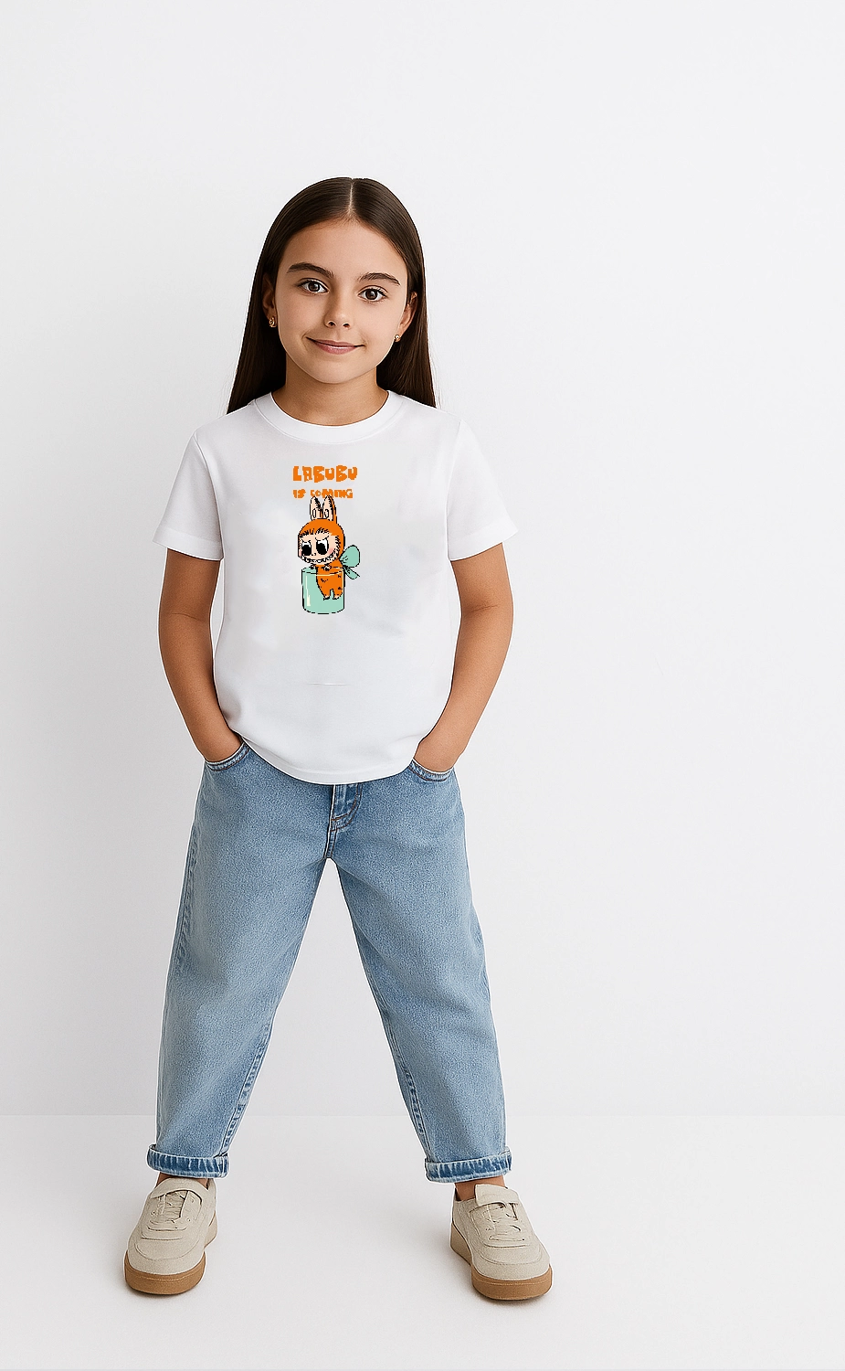 Kız Labubu Çocuk Baskılı T-Shirt - Beyaz