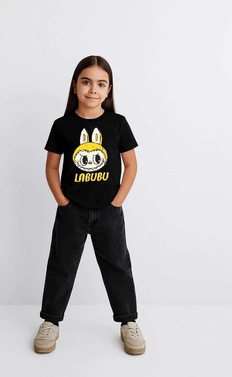 Kız Labubu Çocuk Baskılı T-Shirt - Siyah