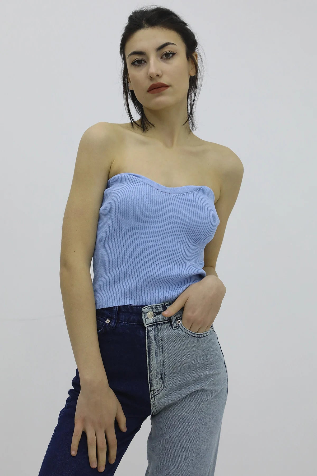 Likralı Triko Büstiyer Mavi - P-019895