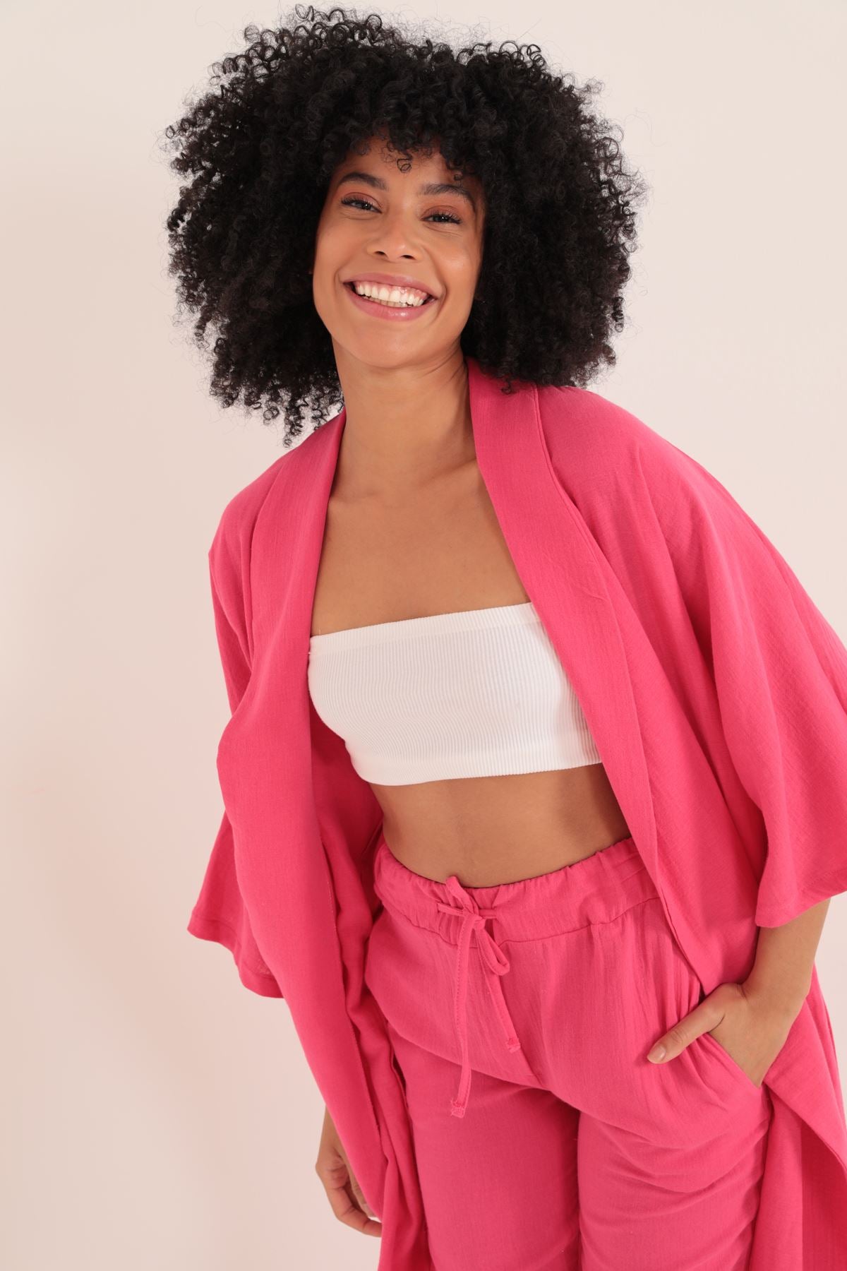 Müslin Kumaş Oversize Kadın Kimono-Fuşya