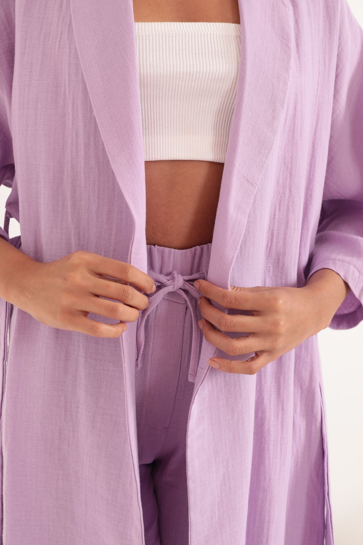 Müslin Kumaş Oversize Kadın Kimono-Lila