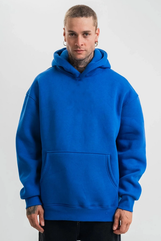 Erkek Saks Mavi Double Oversize 3 İplik Pamuklu Kapüşonlu Kanguru Cepli - Saks Mavisi