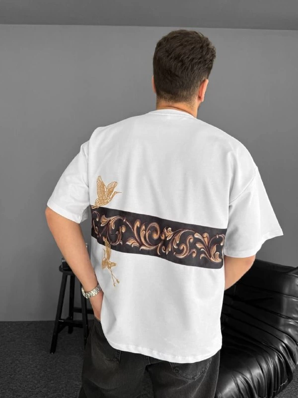 Erkek Ön ve Arka Baskılı Oversize Bisiklet Yaka tişort  - Beyaz