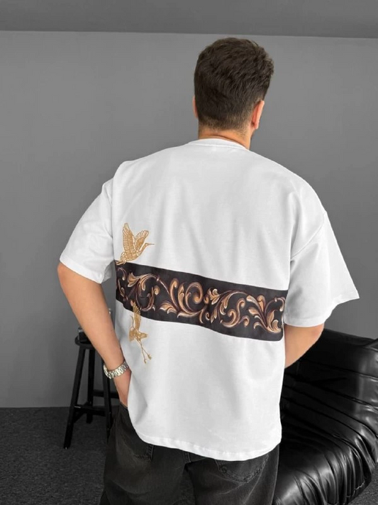 Erkek Ön ve Arka Baskılı Oversize Bisiklet Yaka tişort  - Beyaz