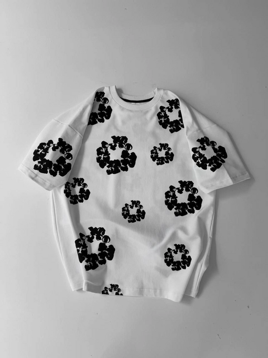 Erkek Ön ve Arka Baskılı Oversize Bisiklet Yaka T-shirt- Beyaz
