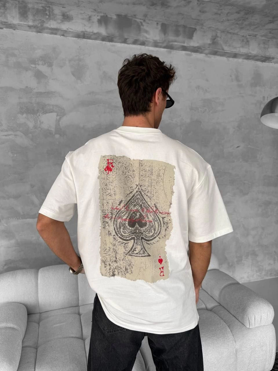 ERKEK Ön ve Arka Baskılı Oversize Bisiklet Yaka - Beyaz