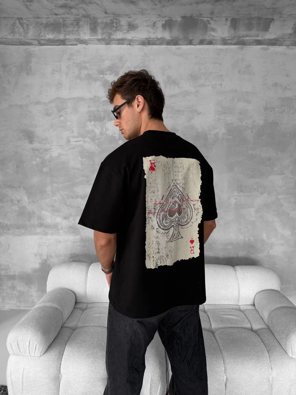 ERKEK Ön ve Arka Baskılı Oversize Bisiklet Yaka T-shirt - Siyah