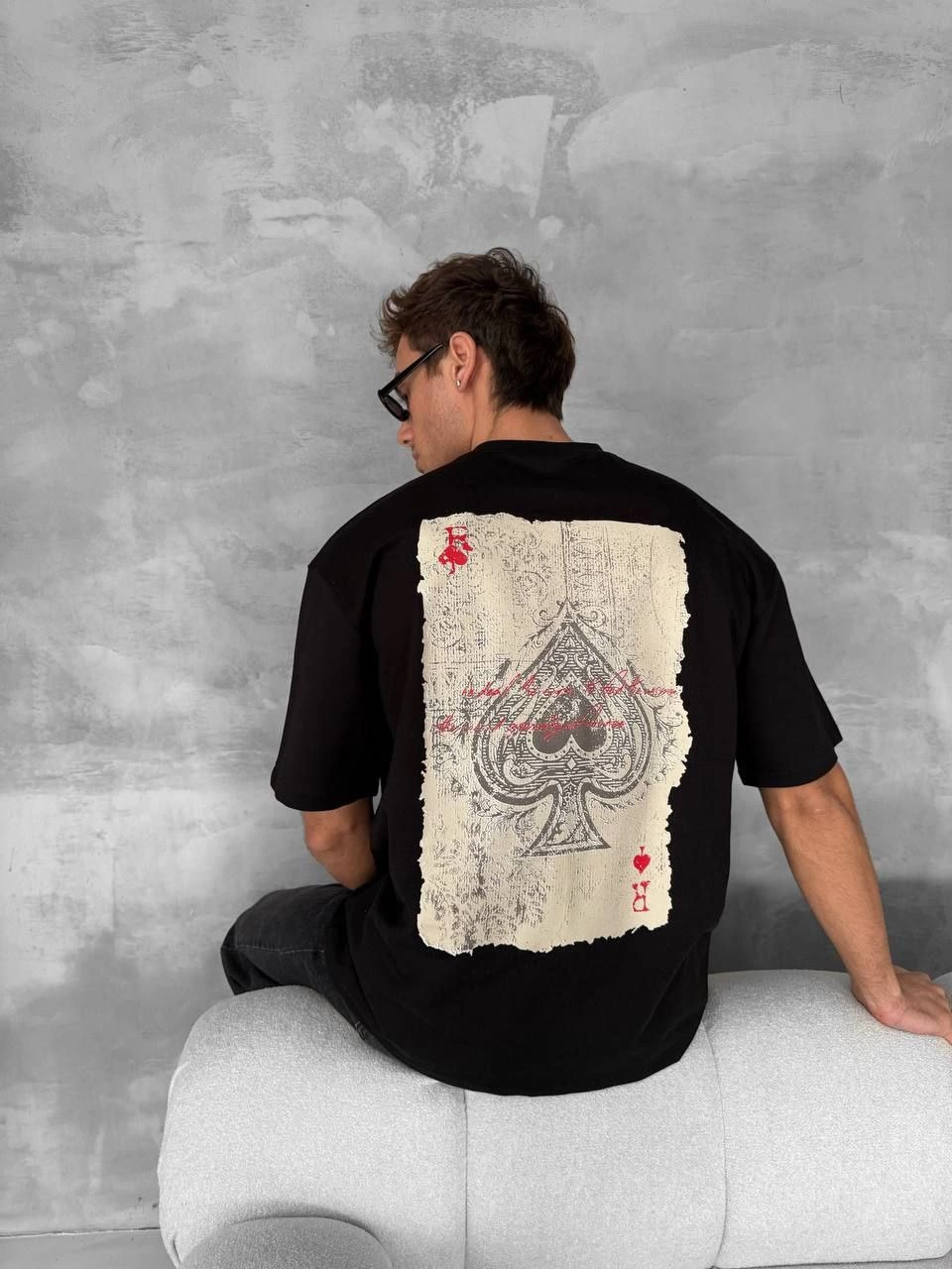 ERKEK Ön ve Arka Baskılı Oversize Bisiklet Yaka T-shirt - Siyah
