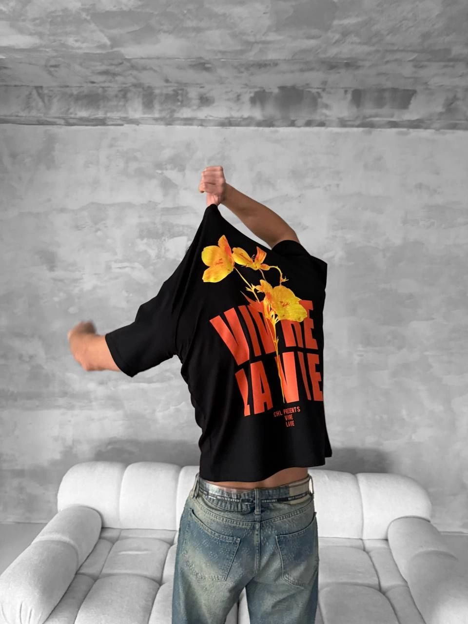 Erkek Baskılı Oversize Bisiklet Yaka T-shirt- Siyah