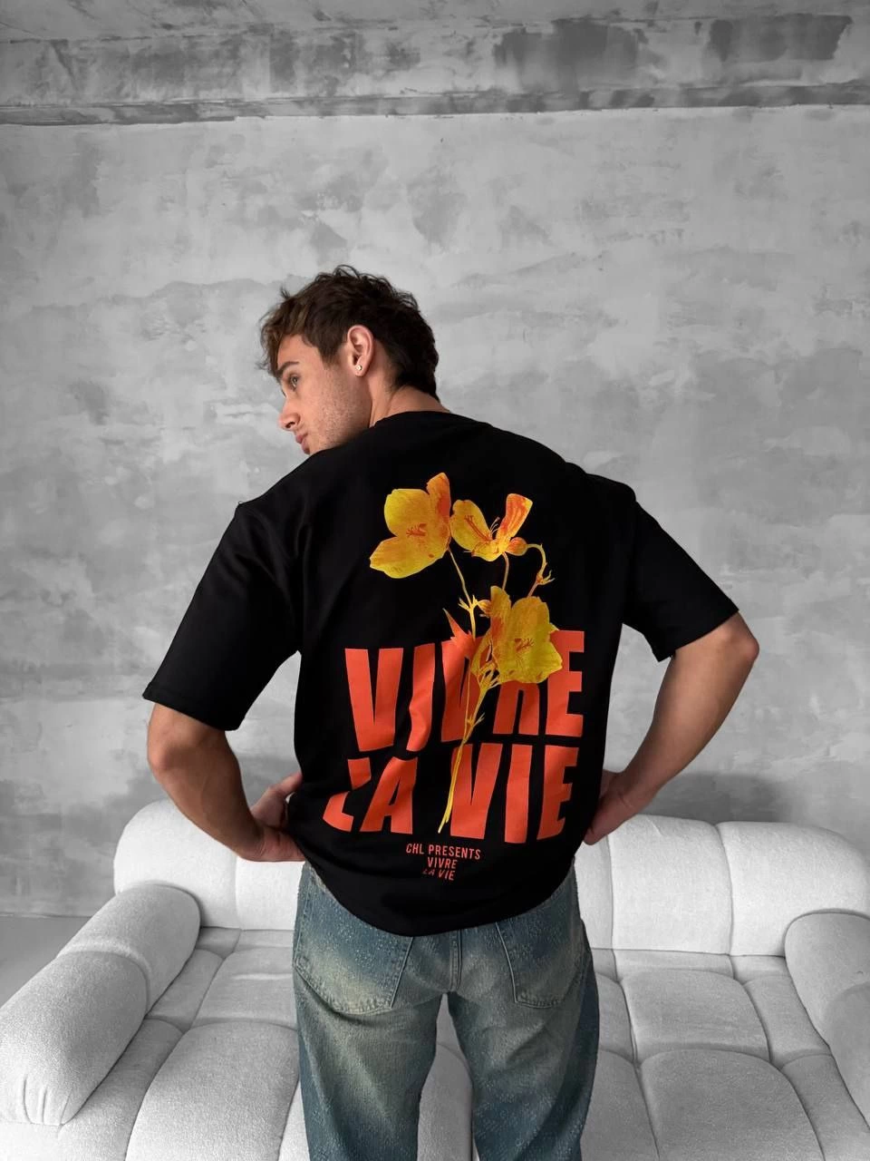 Erkek Baskılı Oversize Bisiklet Yaka T-shirt- Siyah