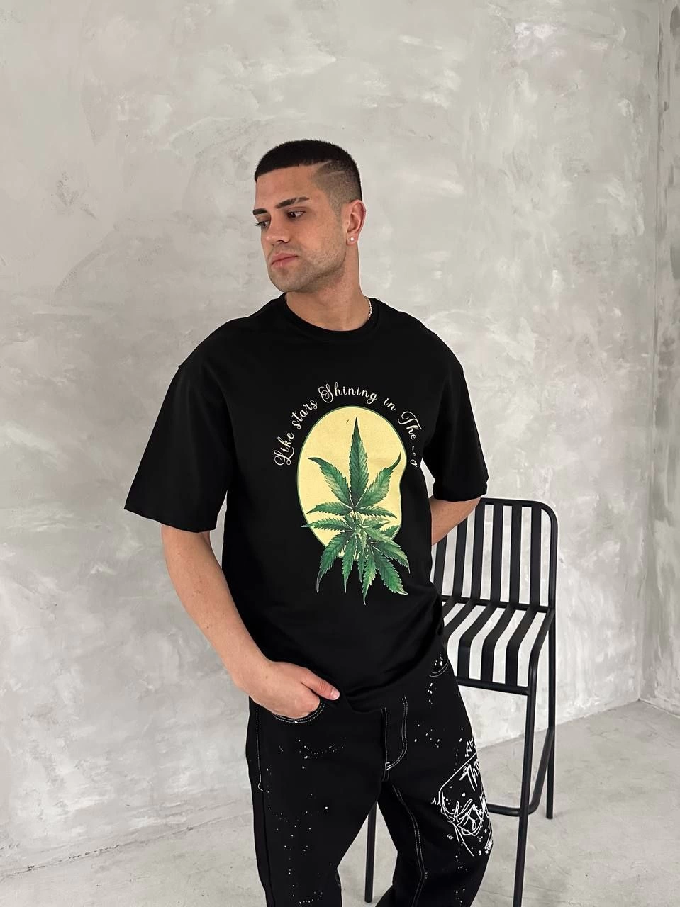 ERKEK Baskılı Oversize Bisiklet Yaka Kısa kol  T-shirt- Siyah
