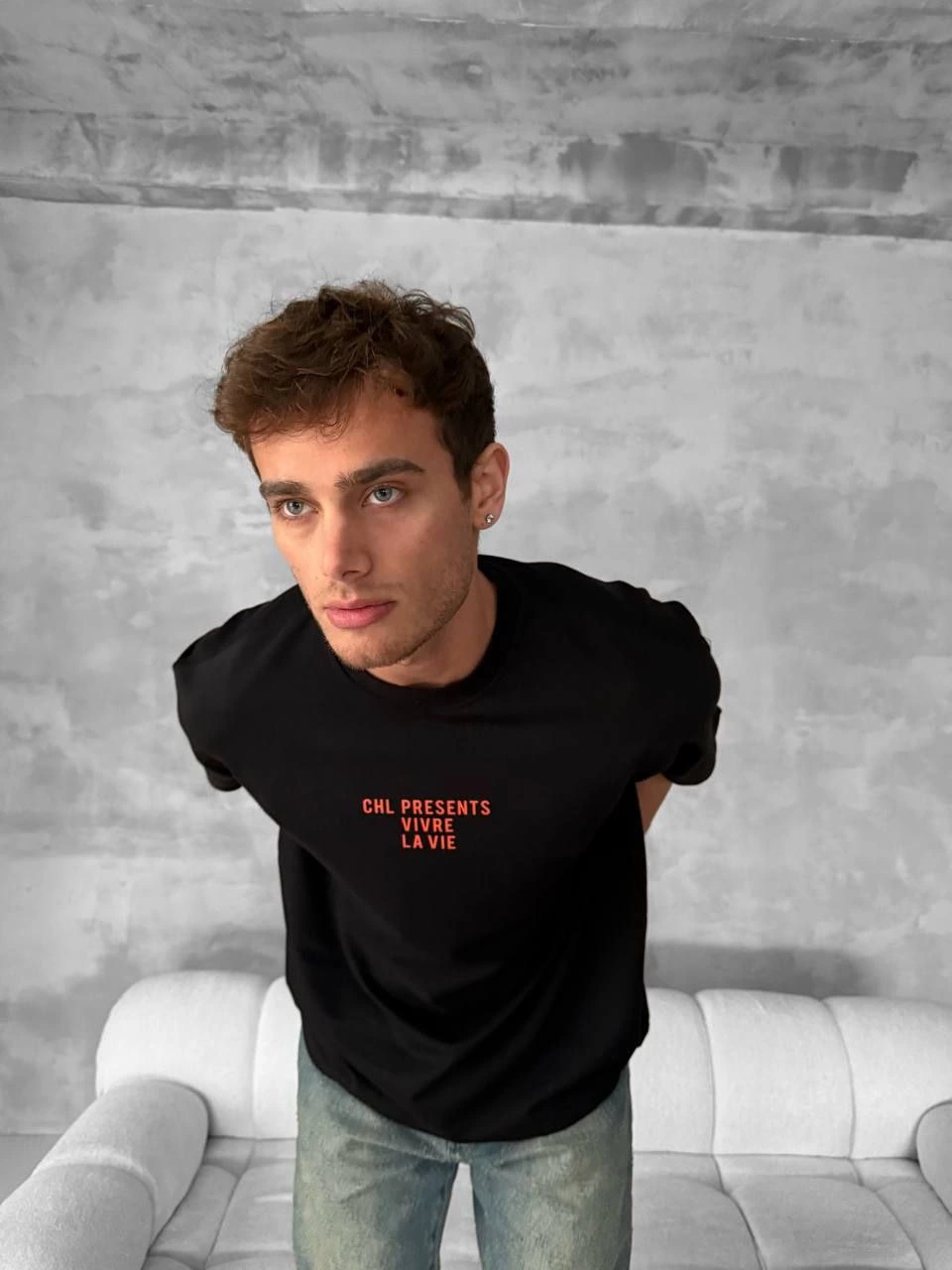Erkek Baskılı Oversize Bisiklet Yaka T-shirt- Siyah