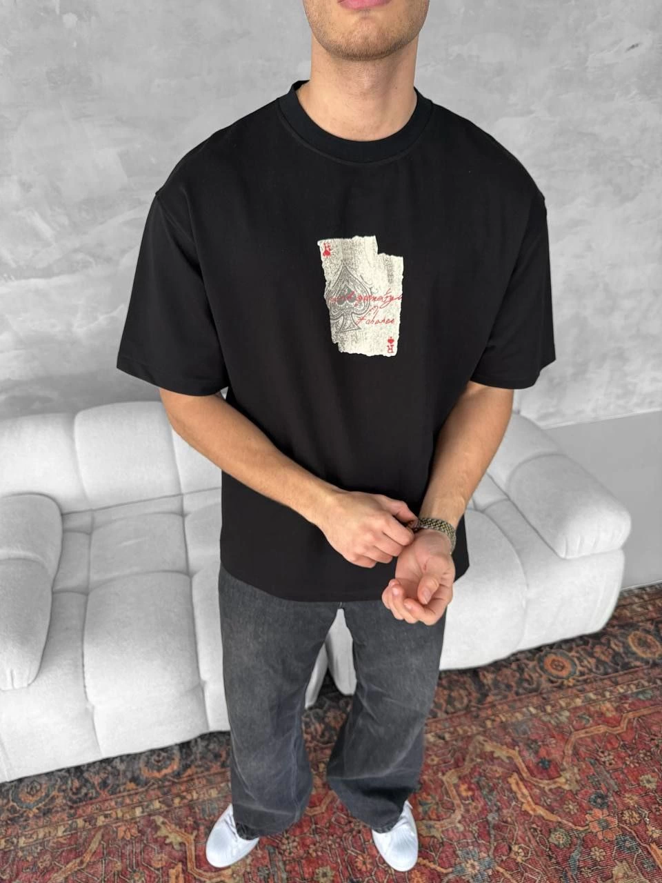 ERKEK Ön ve Arka Baskılı Oversize Bisiklet Yaka T-shirt - Siyah
