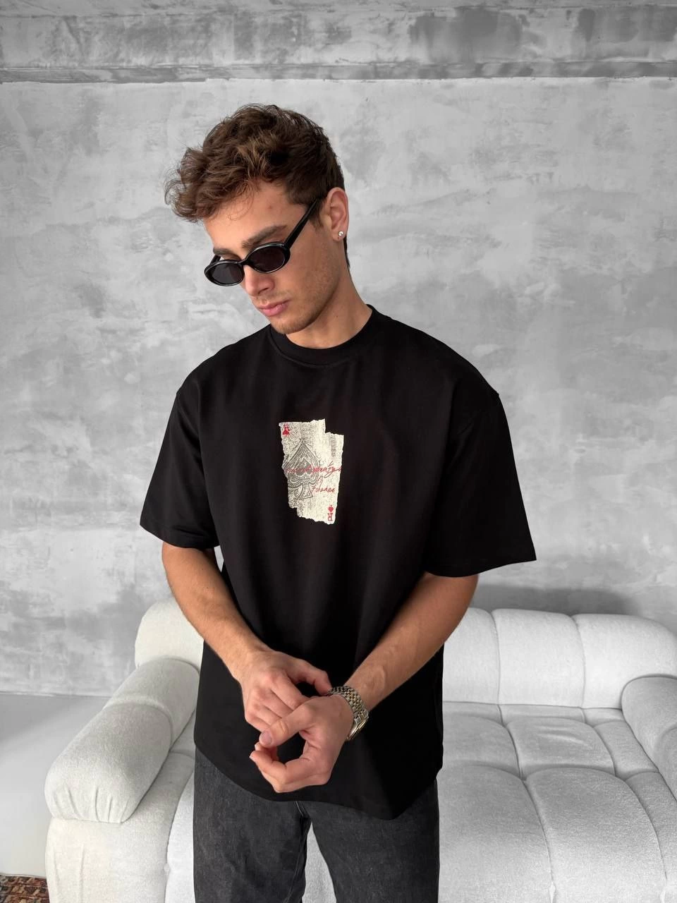 ERKEK Ön ve Arka Baskılı Oversize Bisiklet Yaka T-shirt - Siyah