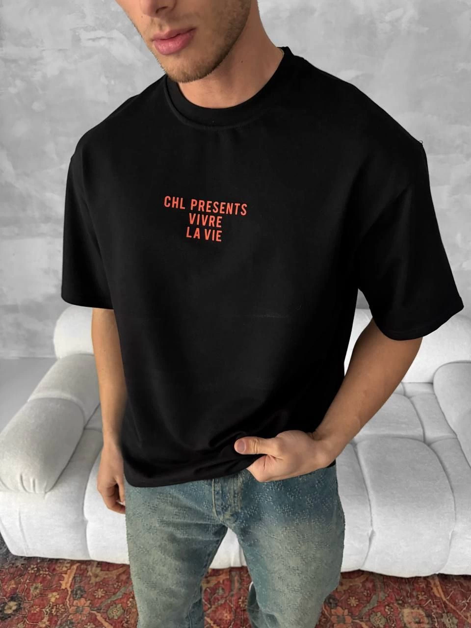 Erkek Baskılı Oversize Bisiklet Yaka T-shirt- Siyah