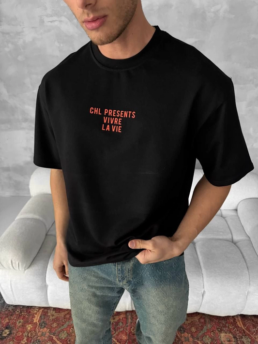 Erkek Baskılı Oversize Bisiklet Yaka T-shirt- Siyah