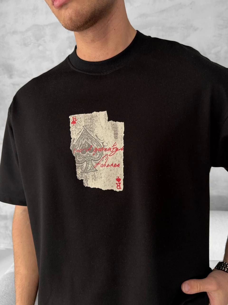 ERKEK Ön ve Arka Baskılı Oversize Bisiklet Yaka T-shirt - Siyah