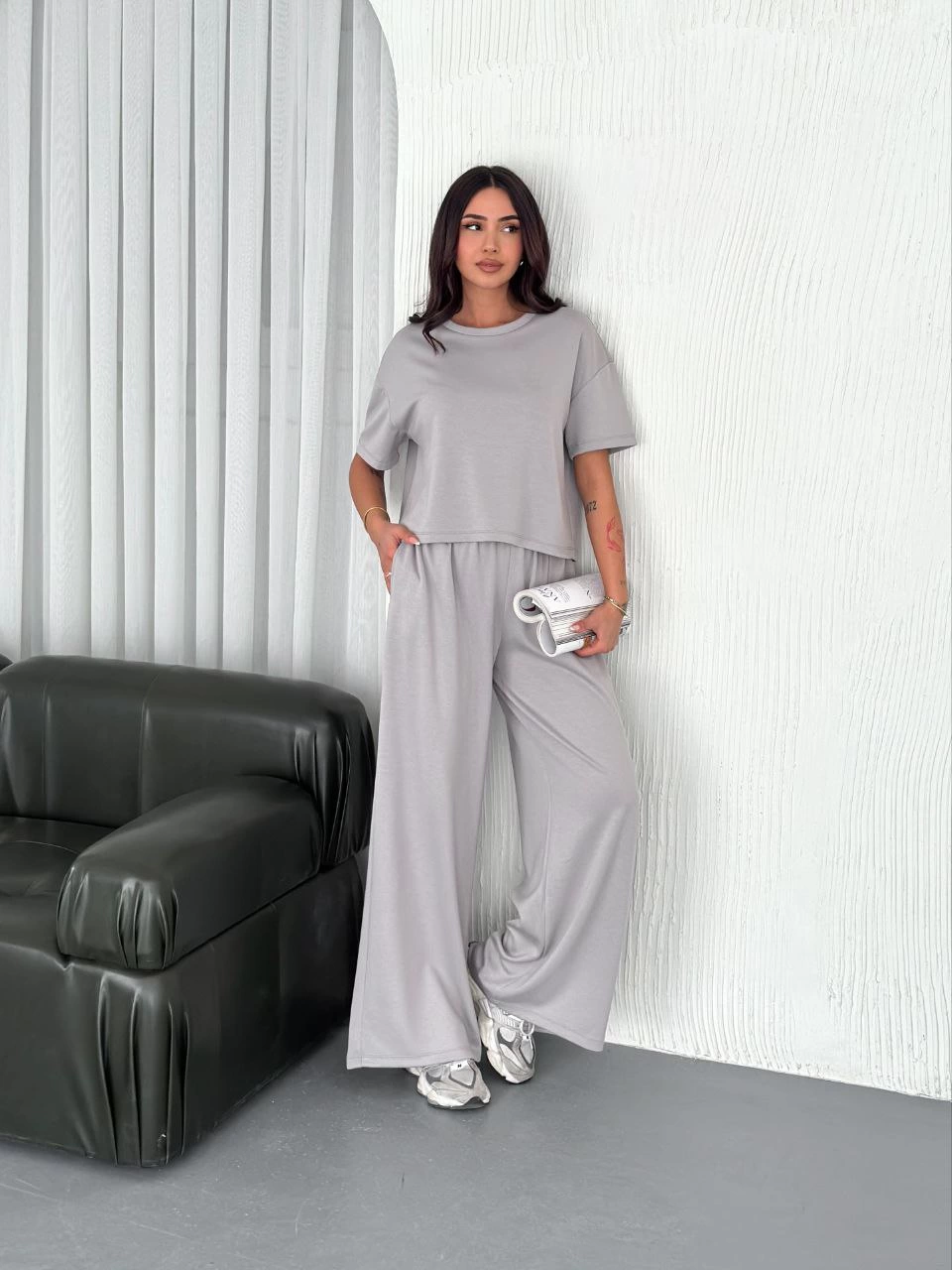 Kadın Osy Modal Yumuşak Kumaş Bisiklet Yaka T-shirt Bol paça Pantalon ikili Takım - Boyalı Gri