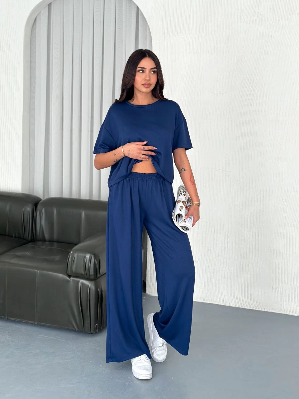Kadın Osy Modal Yumuşak Dokulu Kumaş Bisiklet Yaka T-shirt Bol paça Pantalon ikili Takım -Saks Mavisi