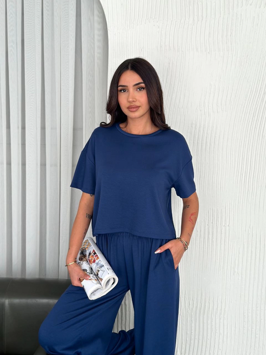 Kadın Osy Modal Yumuşak Dokulu Kumaş Bisiklet Yaka T-shirt Bol paça Pantalon ikili Takım -Saks Mavisi