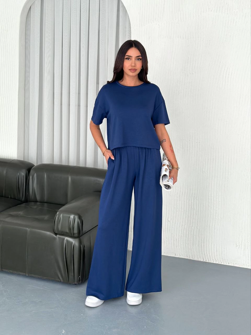 Kadın Osy Modal Yumuşak Dokulu Kumaş Bisiklet Yaka T-shirt Bol paça Pantalon ikili Takım -Saks Mavisi