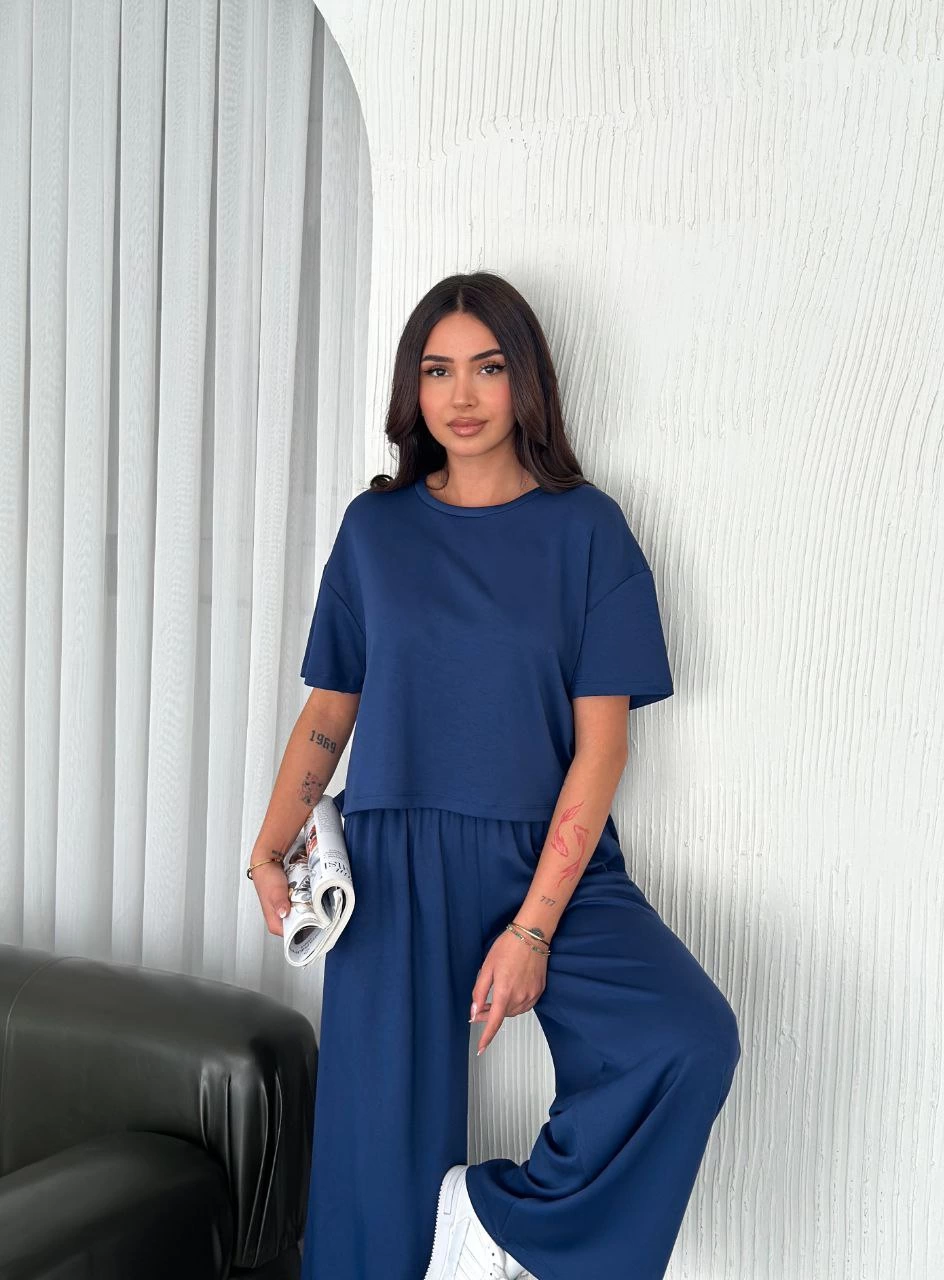Kadın Osy Modal Yumuşak Dokulu Kumaş Bisiklet Yaka T-shirt Bol paça Pantalon ikili Takım -Saks Mavisi