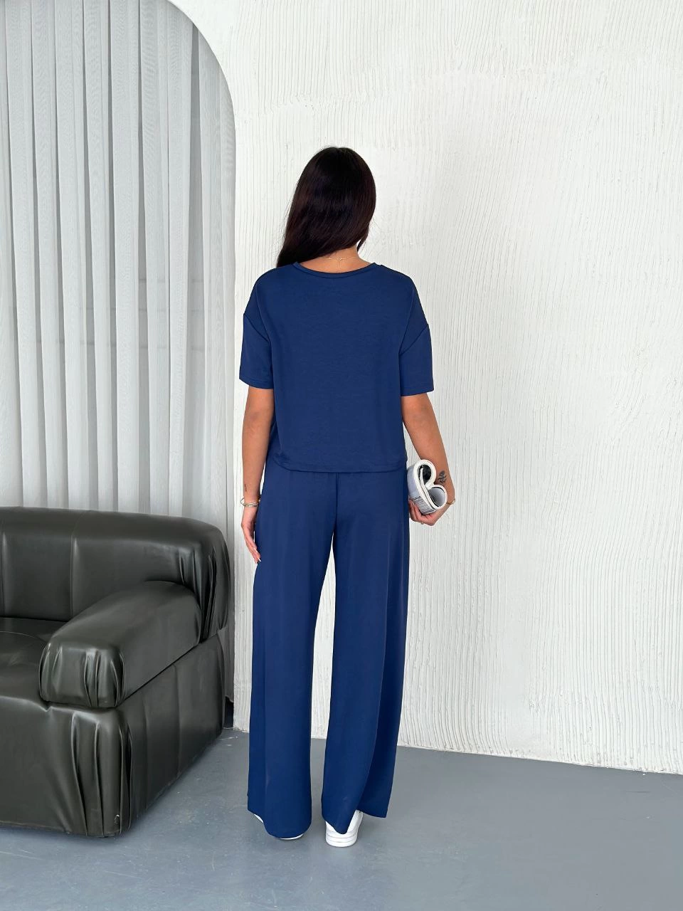 Kadın Osy Modal Yumuşak Dokulu Kumaş Bisiklet Yaka T-shirt Bol paça Pantalon ikili Takım -Saks Mavisi