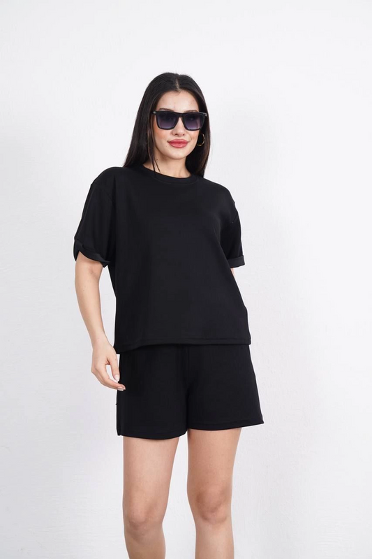 Osy Modal yumuşak dokulu Kumaş Kadın Bisiklet Yaka T-shirt Kısa Şort İkili Takım - Siyah