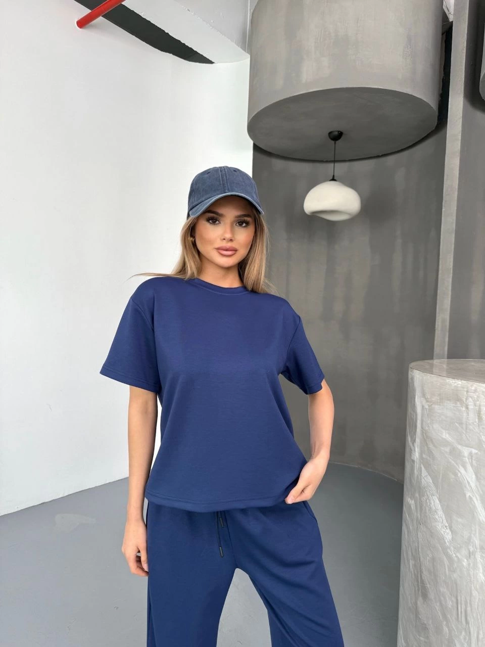Kadın Osy Modal Yumuşak Dokulu Kumaş Kısa Kollu Bluz Rahat Pantalon ikili Takım- Lacivert