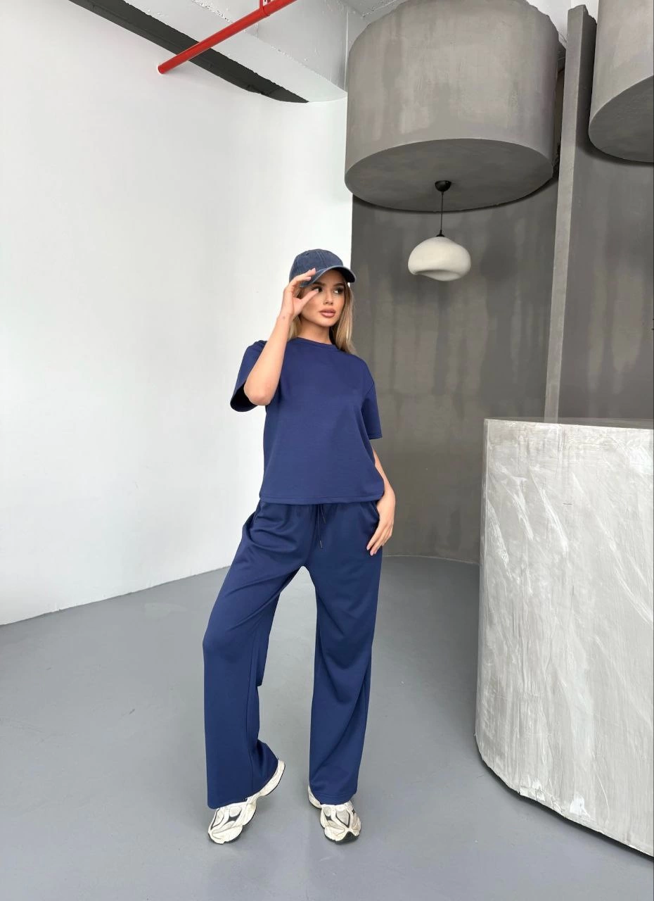 Kadın Osy Modal Yumuşak Dokulu Kumaş Kısa Kollu Bluz Rahat Pantalon ikili Takım- Lacivert