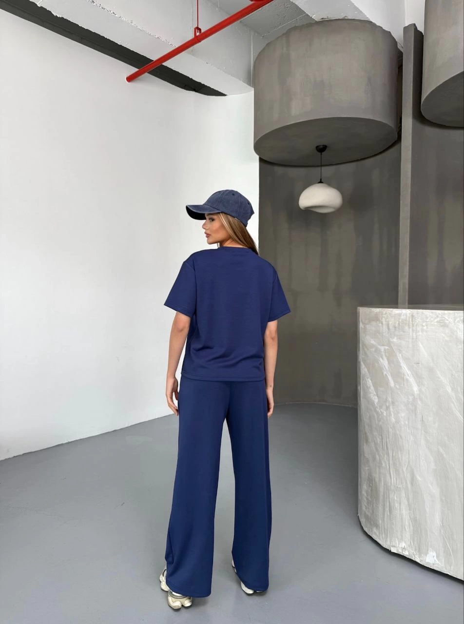 Kadın Osy Modal Yumuşak Dokulu Kumaş Kısa Kollu Bluz Rahat Pantalon ikili Takım- Lacivert