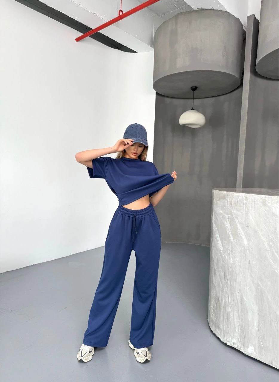 Kadın Osy Modal Yumuşak Dokulu Kumaş Kısa Kollu Bluz Rahat Pantalon ikili Takım- Lacivert