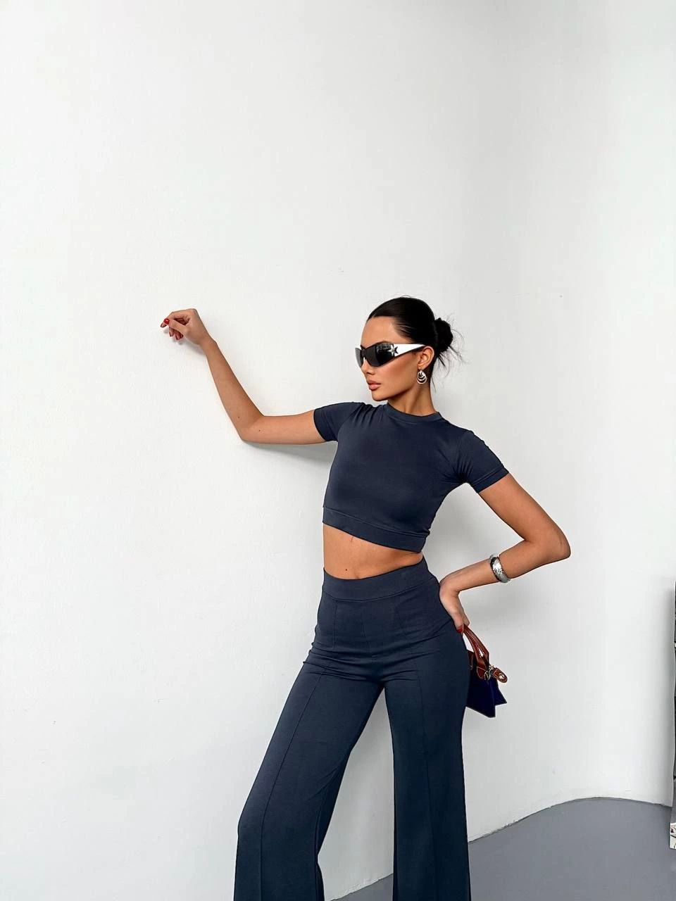Kadın Osy Modal Yumuşak Dokulu Kumaş Kısa Kollu Crop Alt ispanyol Paça Pantalon ikili Takım - Füme