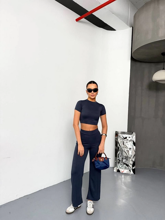 Kadın Osy Modal Yumuşak Dokulu Kumaş Kısa Kollu Crop Alt ispanyol Paça Pantalon ikili Takım - Füme