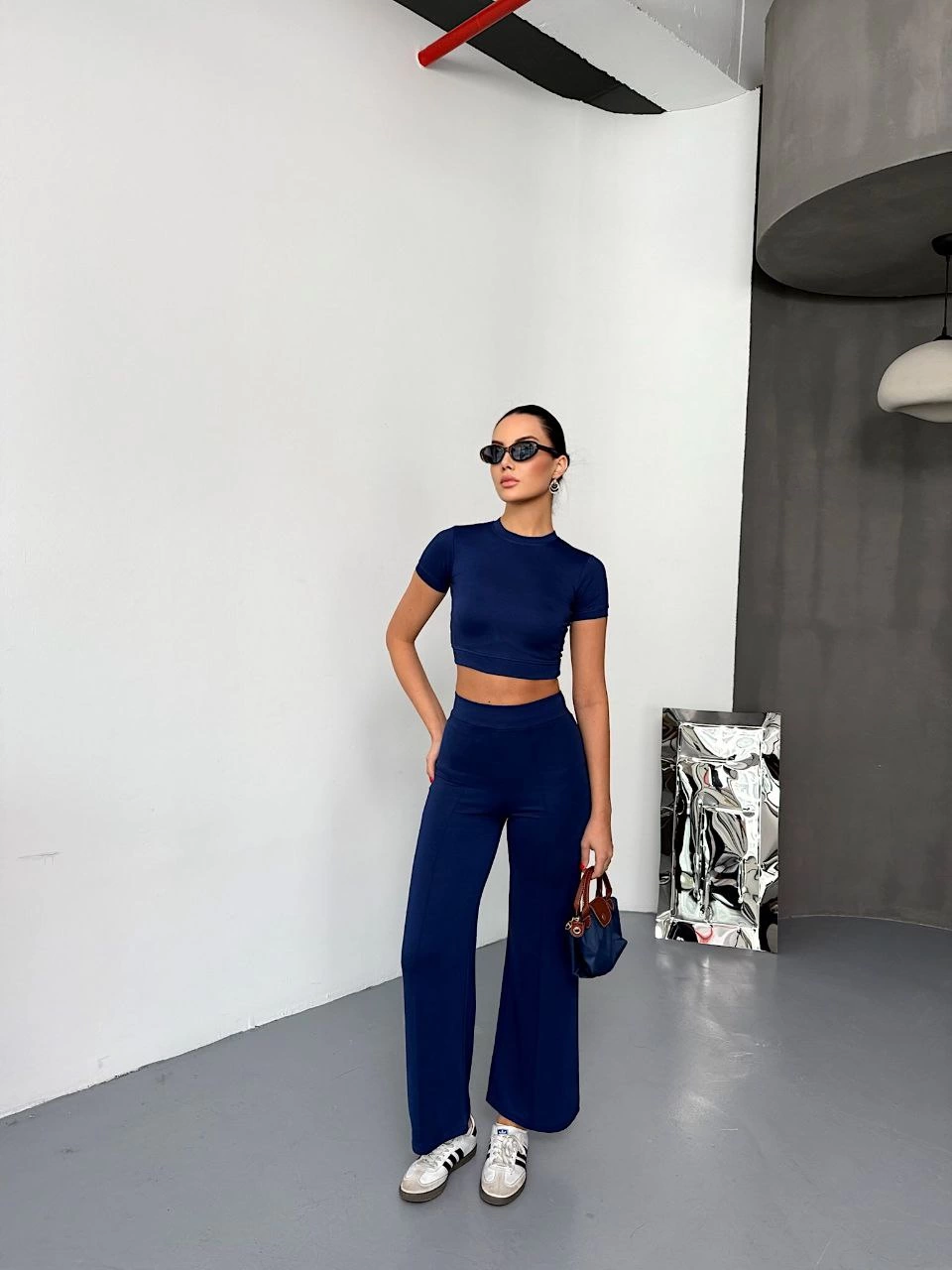 Kadın Osy Modal Yumuşak Kumaş Kısa Kollu Crop Alt ispanyol Paça Pantalon ikili Takım - Lacivert