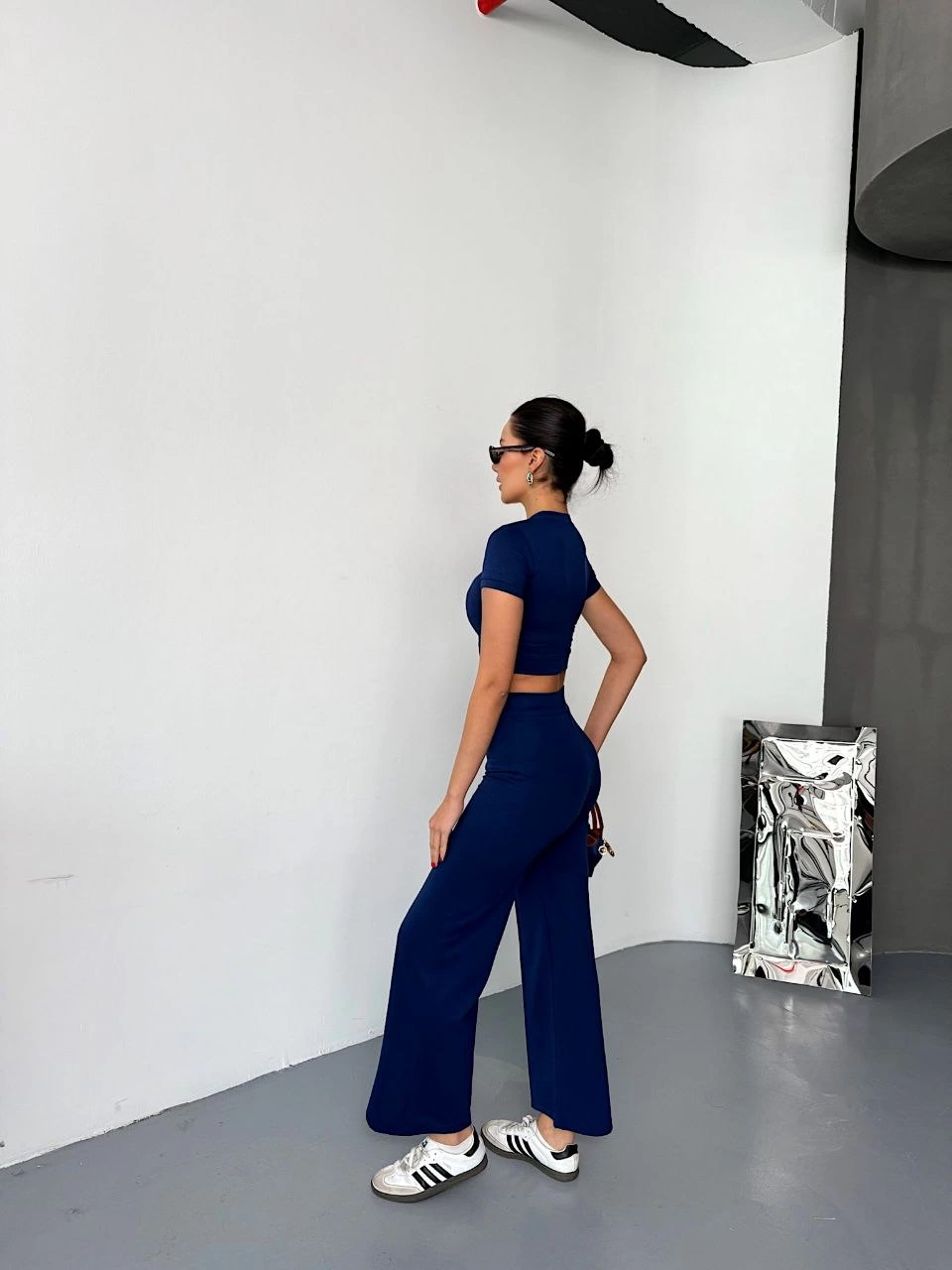 Kadın Osy Modal Yumuşak Kumaş Kısa Kollu Crop Alt ispanyol Paça Pantalon ikili Takım - Lacivert