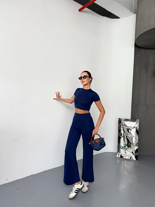 Kadın Osy Modal Yumuşak Kumaş Kısa Kollu Crop Alt ispanyol Paça Pantalon ikili Takım - Lacivert