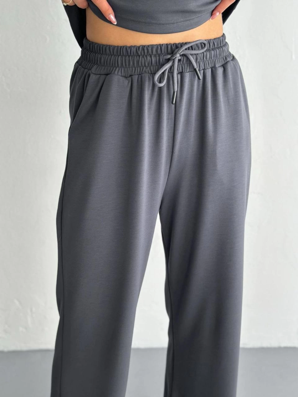 Kadın Osy Modal Yumuşak Dokulu Kumaş Kısa Kollu Yakalı T-shirt Pantalon ikili Takım- Antrasit