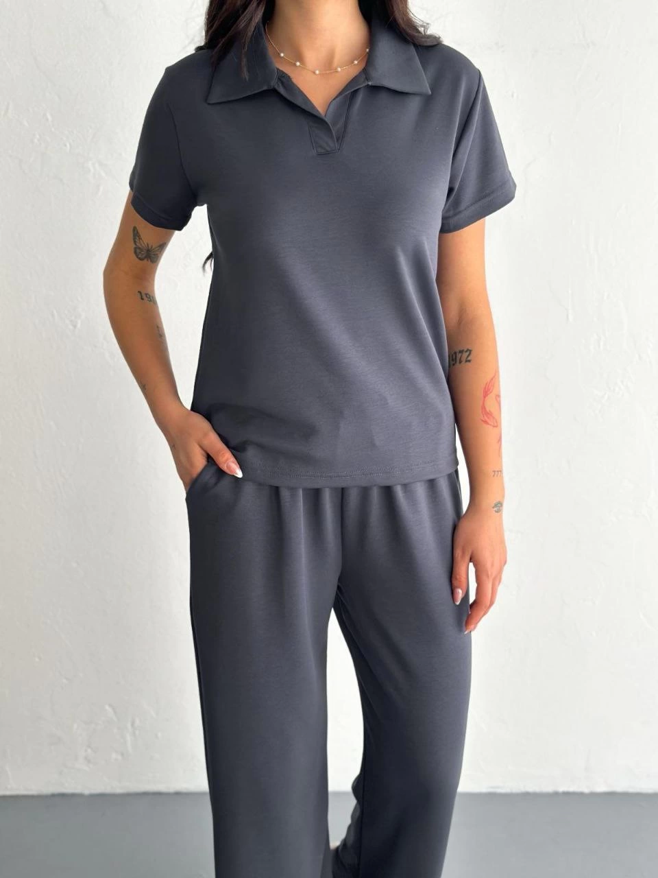 Kadın Osy Modal Yumuşak Dokulu Kumaş Kısa Kollu Yakalı T-shirt Pantalon ikili Takım- Antrasit