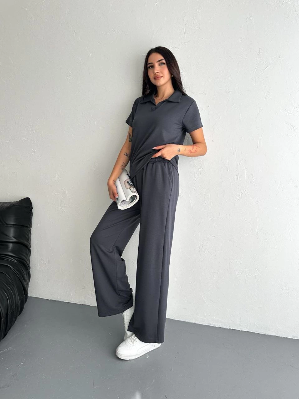 Kadın Osy Modal Yumuşak Dokulu Kumaş Kısa Kollu Yakalı T-shirt Pantalon ikili Takım- Antrasit